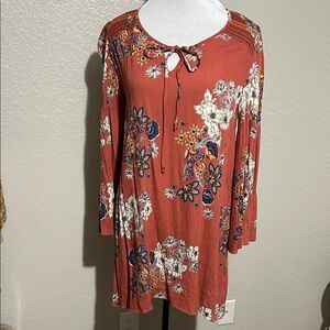 Rust Floral Women's Blouse with Tie Neck